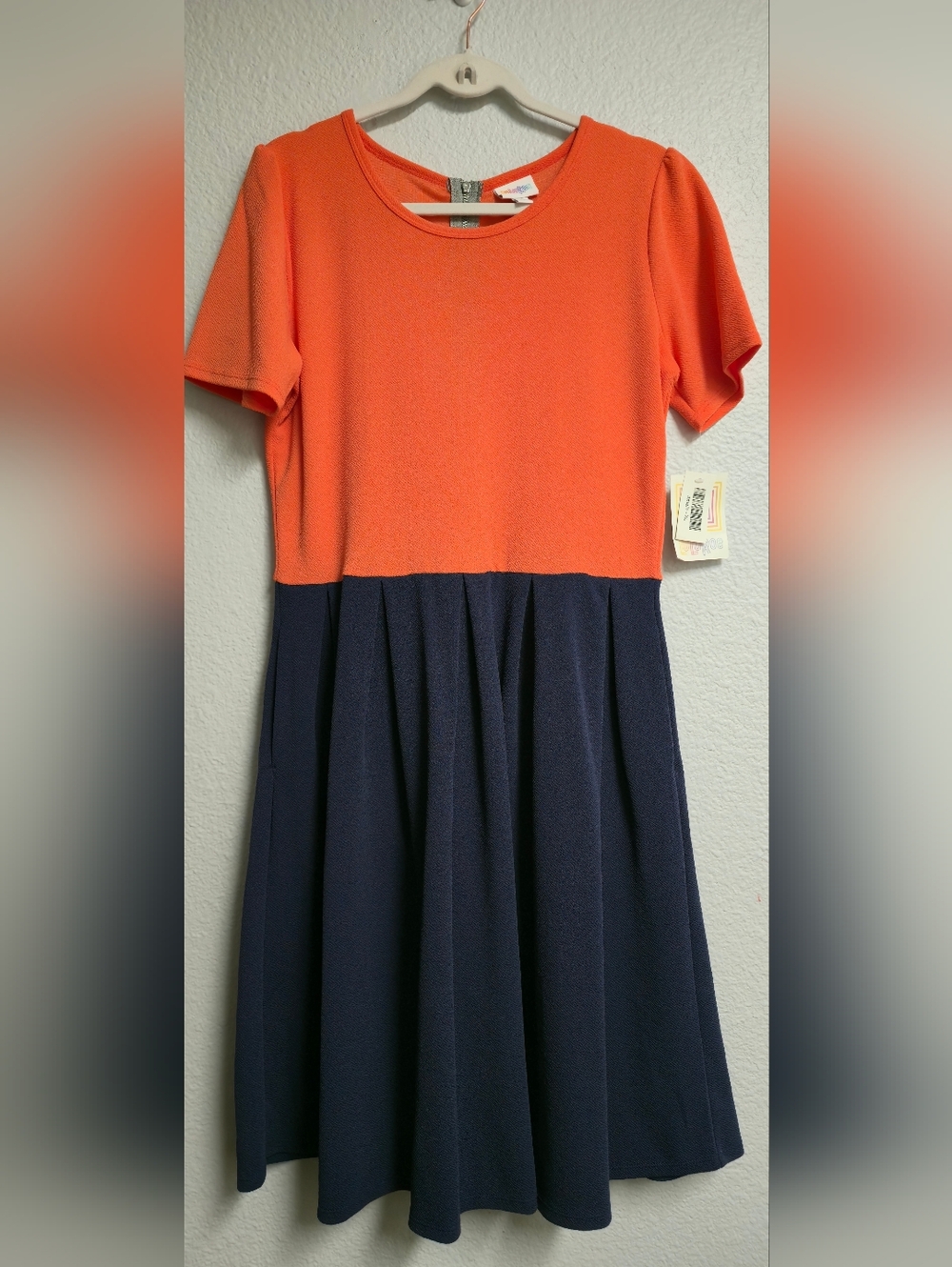 Lularoe Ladies Colorblock Orange & Navy Dress With Pockets